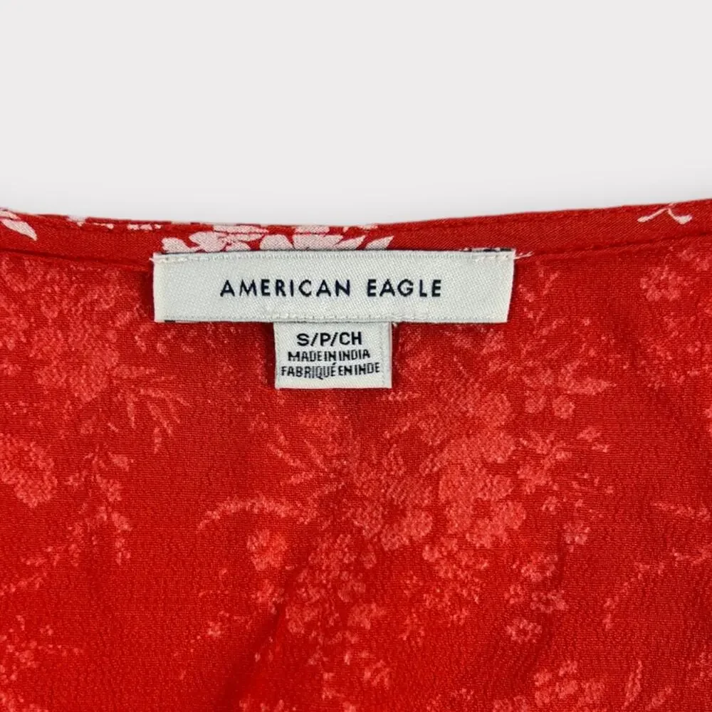 American Eagle Red Floral Ruffle Wrap Dress Size Small - Picture 3 of 6